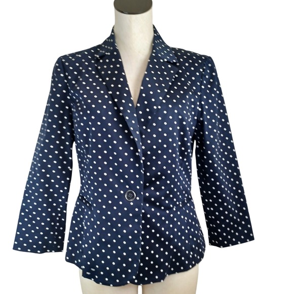 Sandro Studio Jackets & Blazers - Sandro Studio Navy Blue White Polka Dot Single Button Blazer Jacket Women Size M